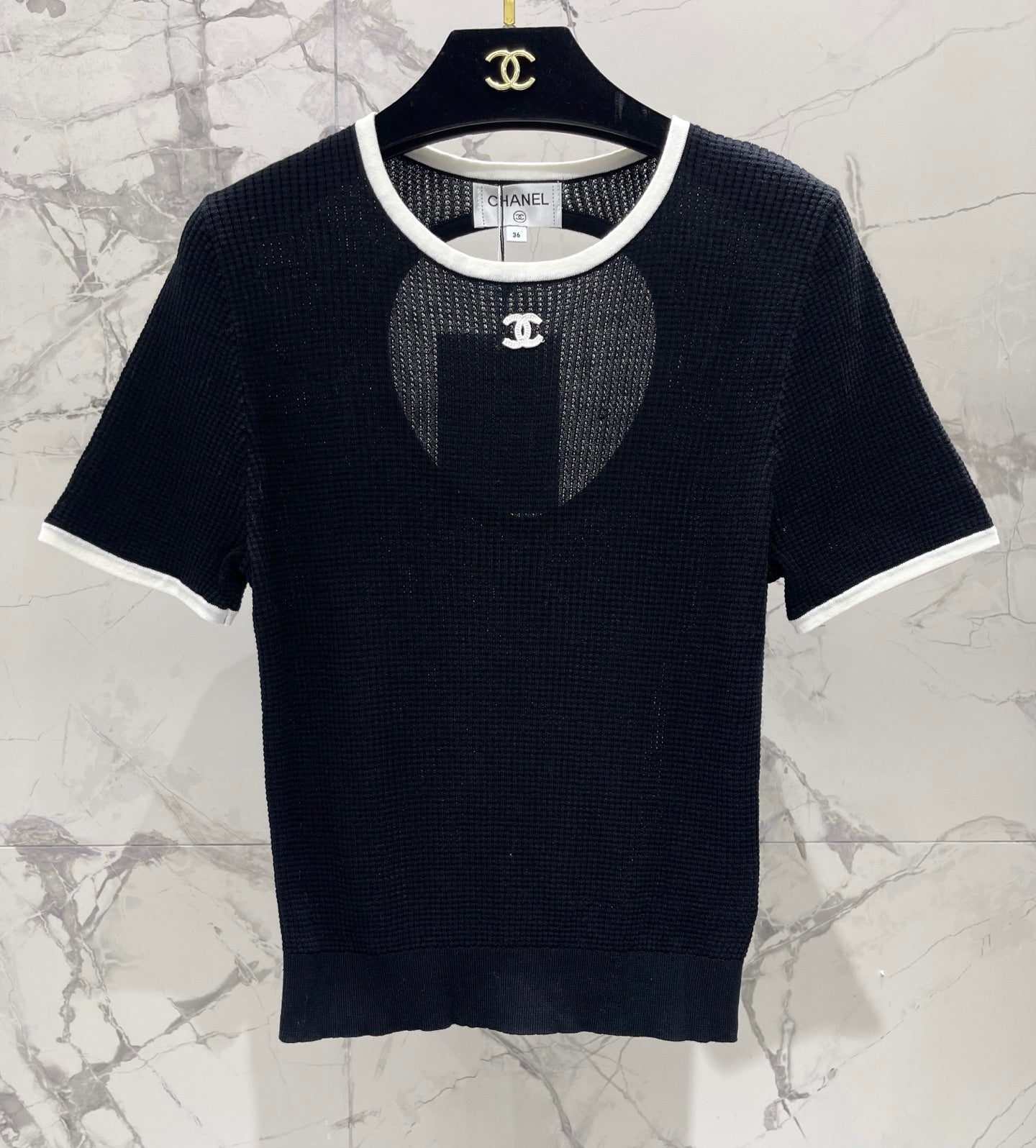 Color-blocked, openwork crew neck short-sleeved top