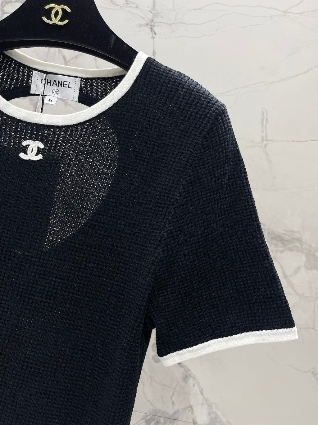 Color-blocked, openwork crew neck short-sleeved top