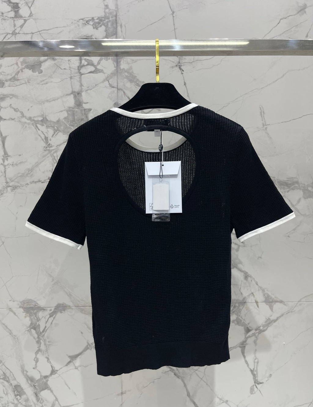 Color-blocked, openwork crew neck short-sleeved top