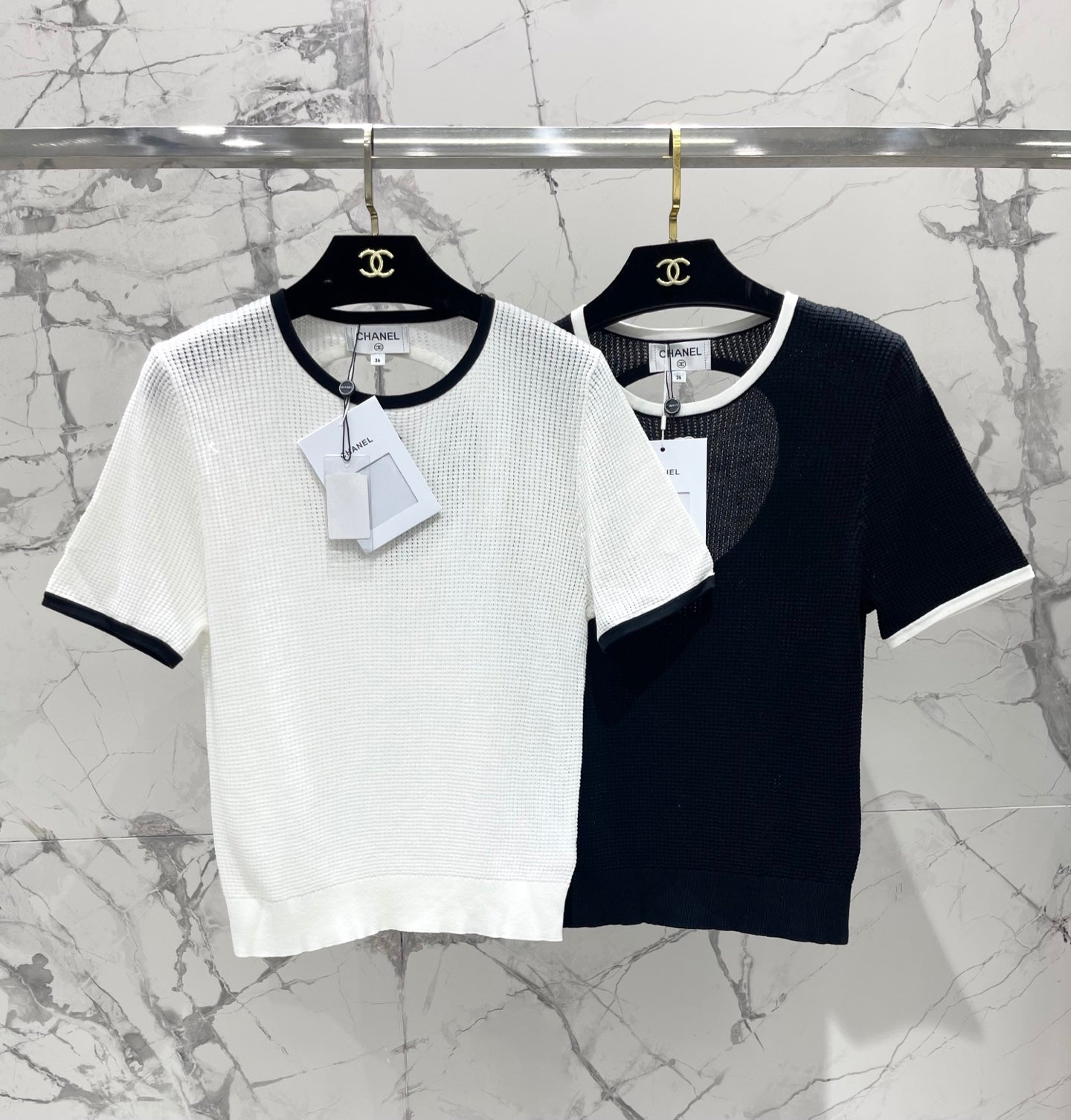 Color-blocked, openwork crew neck short-sleeved top