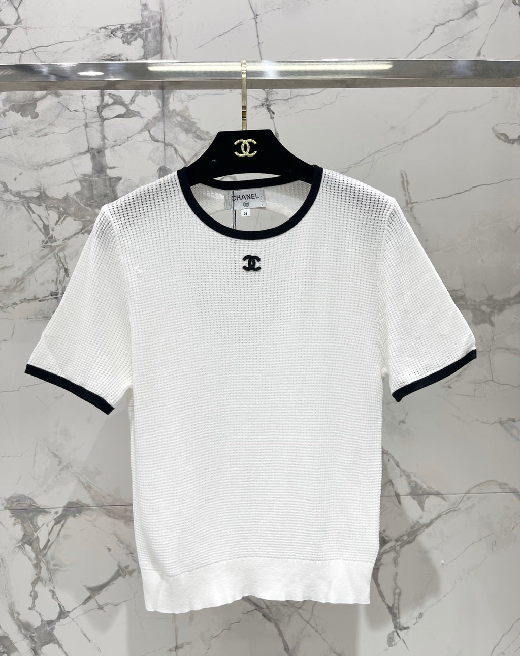 Color-blocked, openwork crew neck short-sleeved top