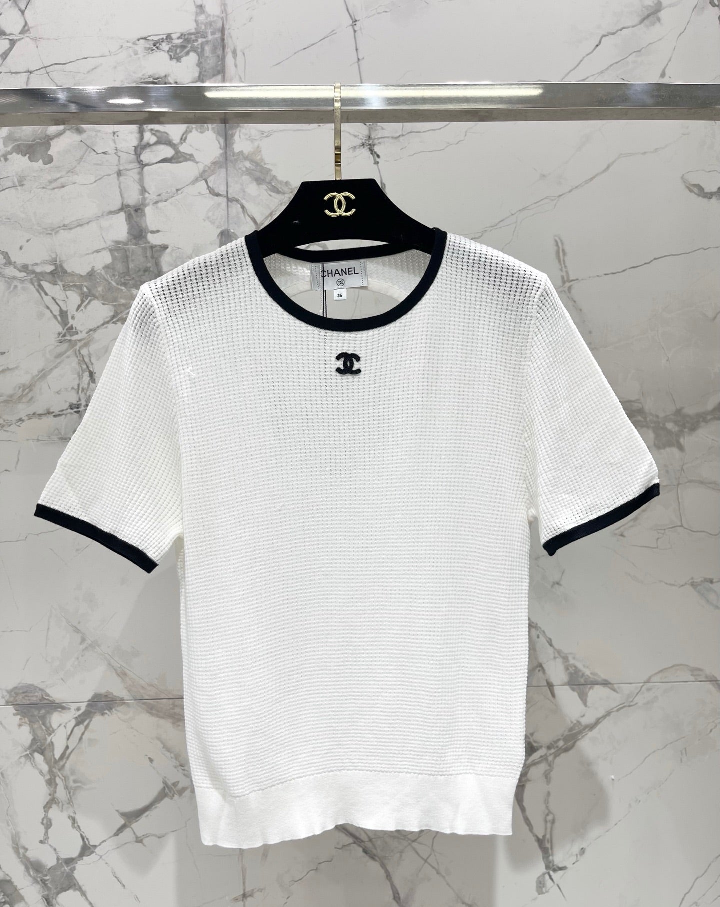 Color-blocked, openwork crew neck short-sleeved top
