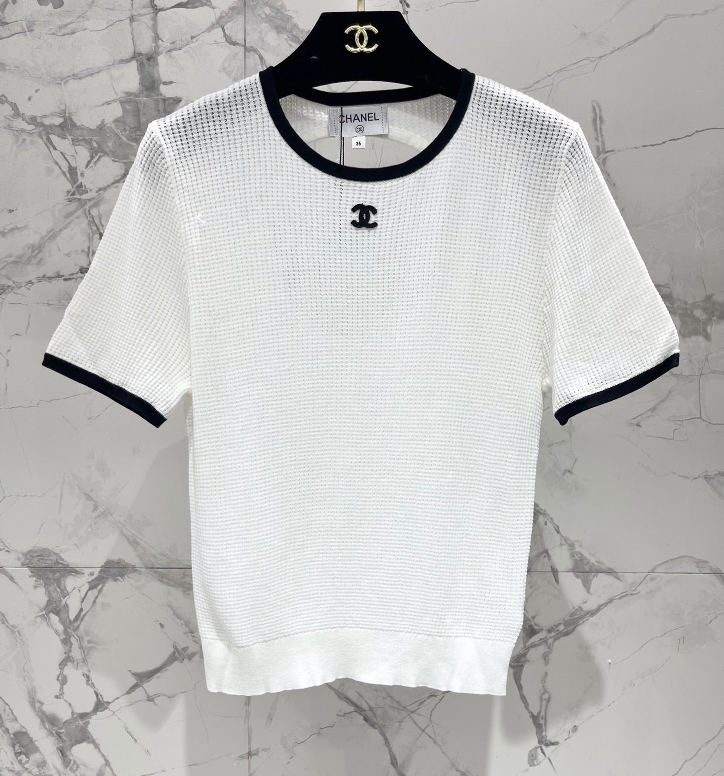 Color-blocked, openwork crew neck short-sleeved top