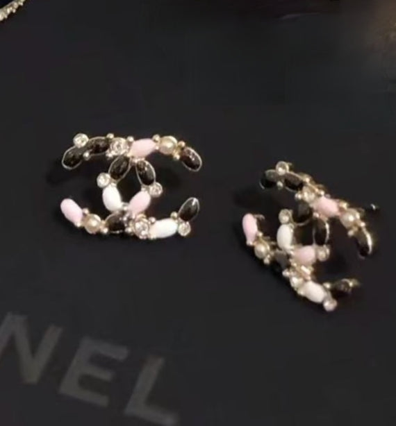 Black and Pink Enamel Letter Stud Earrings