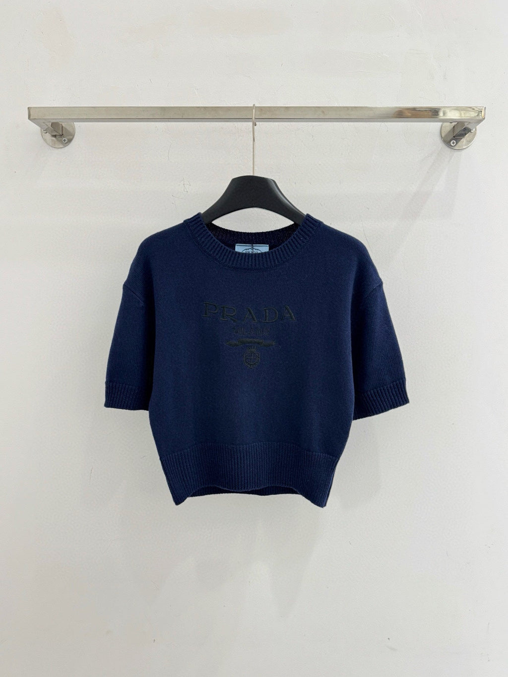 Striped wool knit short-sleeved top