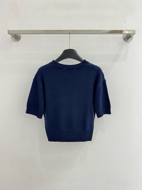 Striped wool knit short-sleeved top