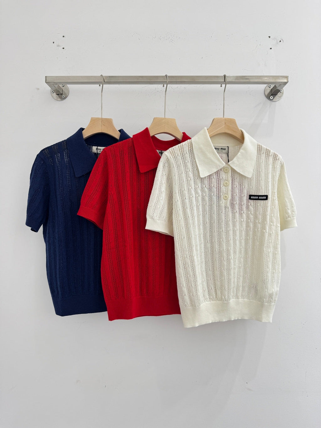 Polo collar knitted openwork short-sleeved top
