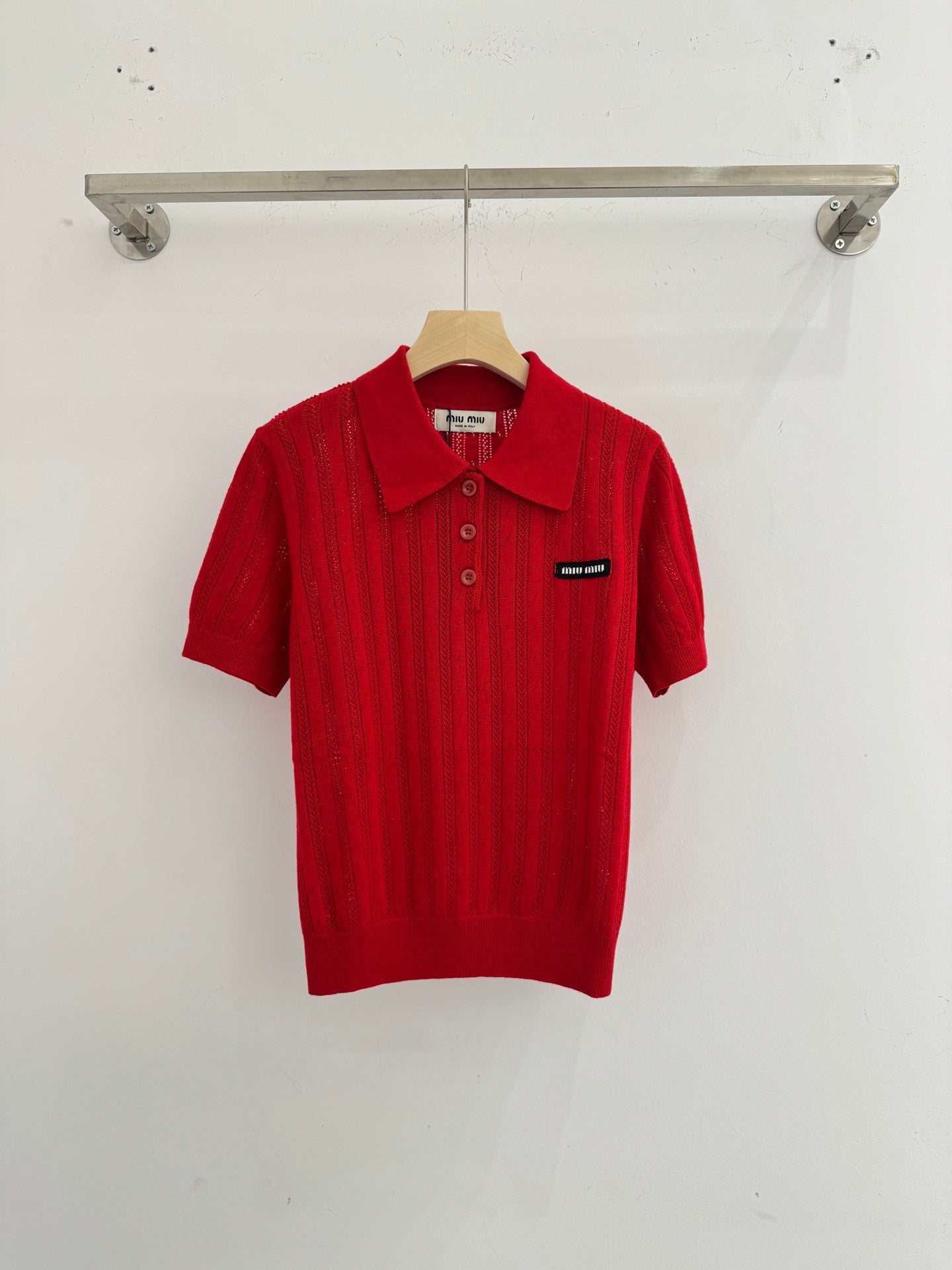 Polo collar knitted openwork short-sleeved top