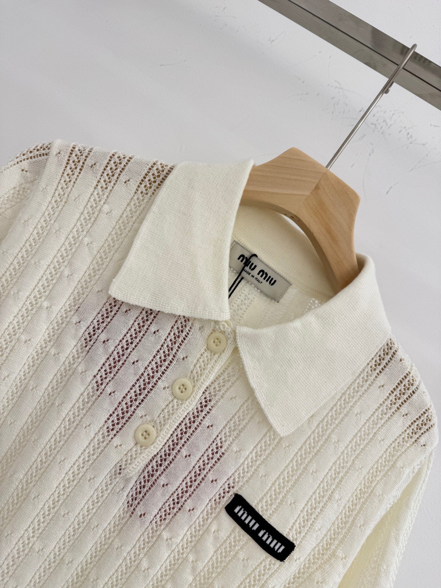 Polo collar knitted openwork short-sleeved top