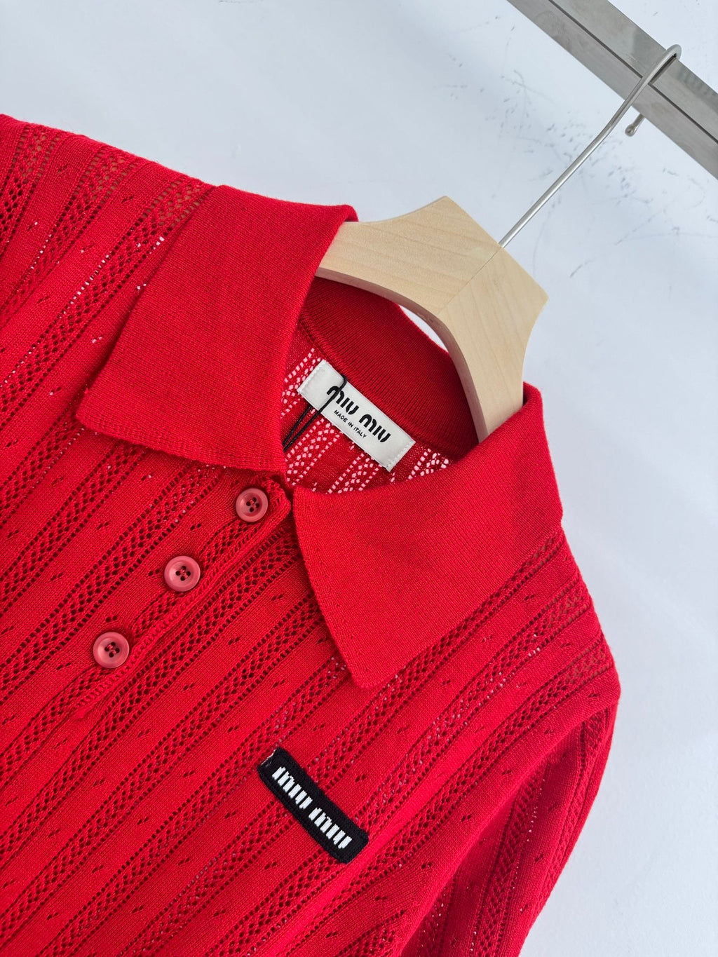 Polo collar knitted openwork short-sleeved top
