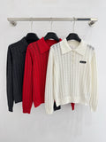 Polo collar knitted openwork long-sleeved top