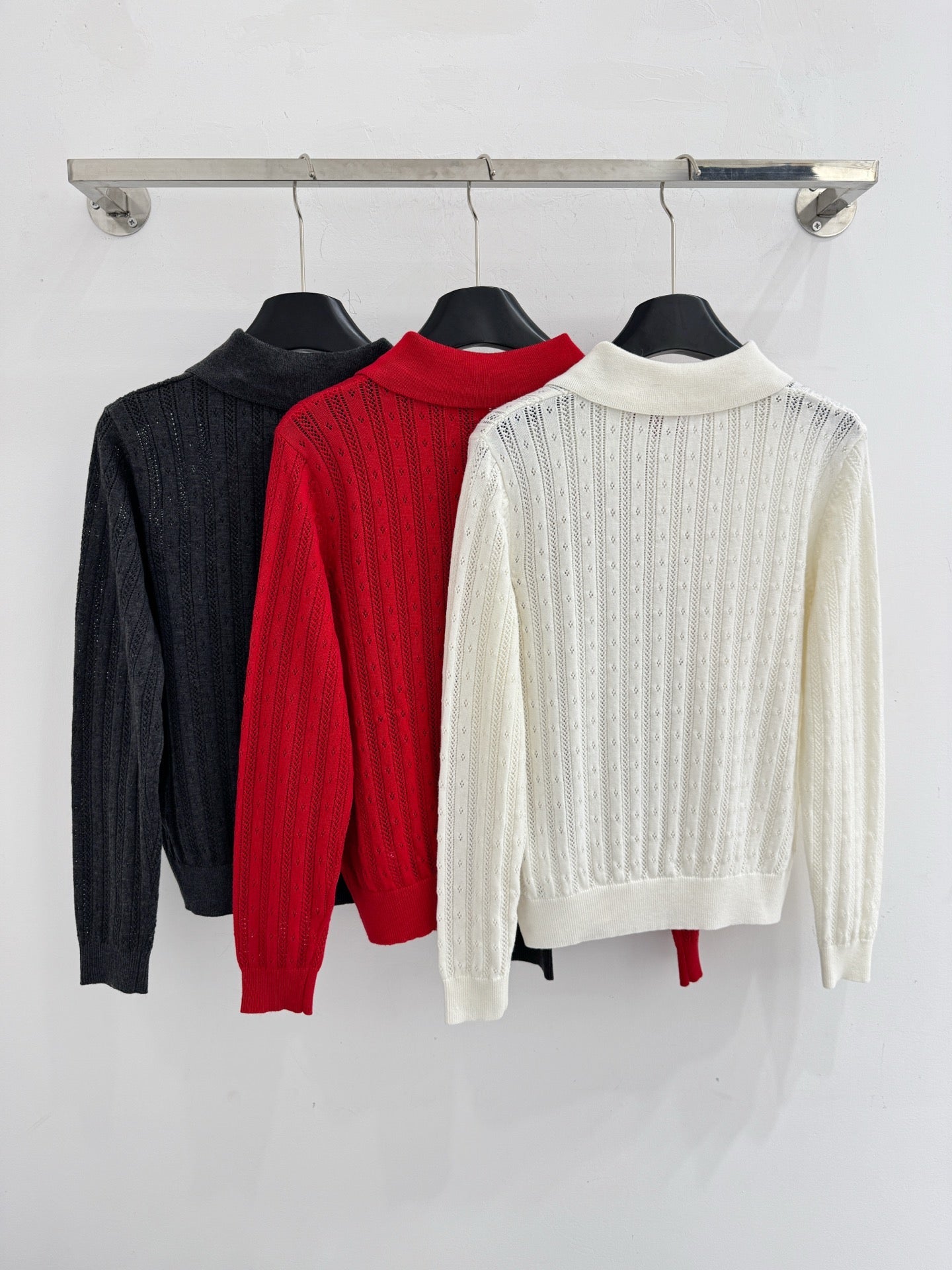 Polo collar knitted openwork long-sleeved top
