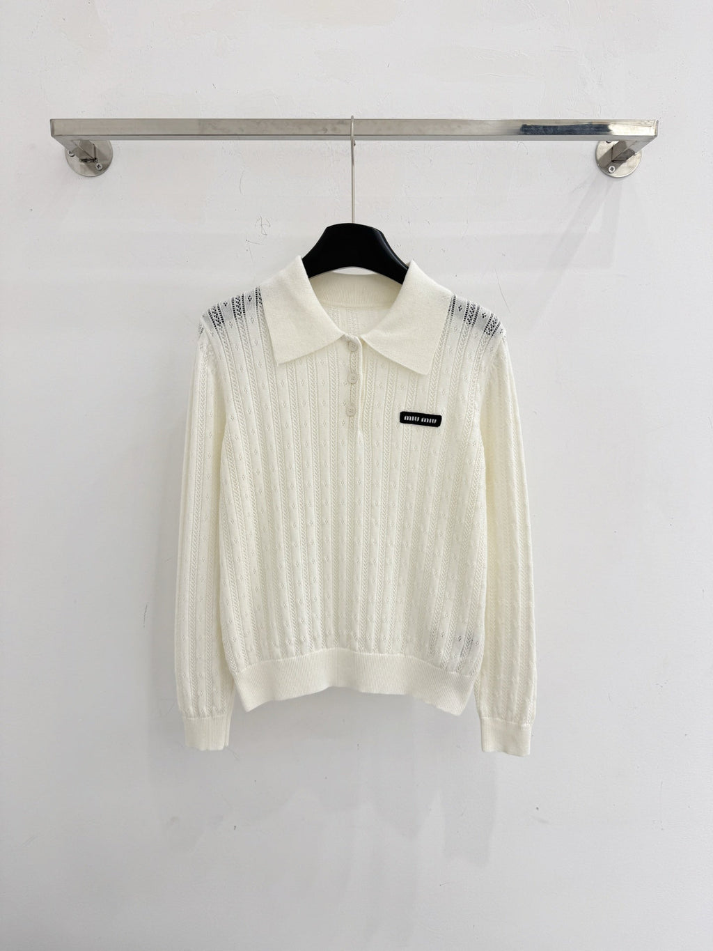 Polo collar knitted openwork long-sleeved top