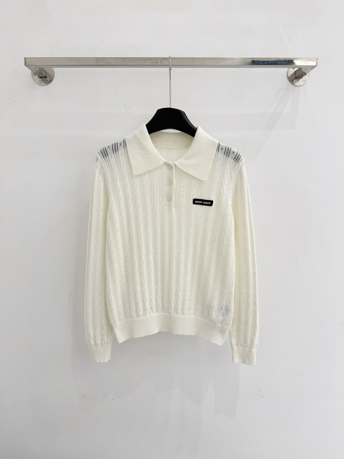 Polo collar knitted openwork long-sleeved top