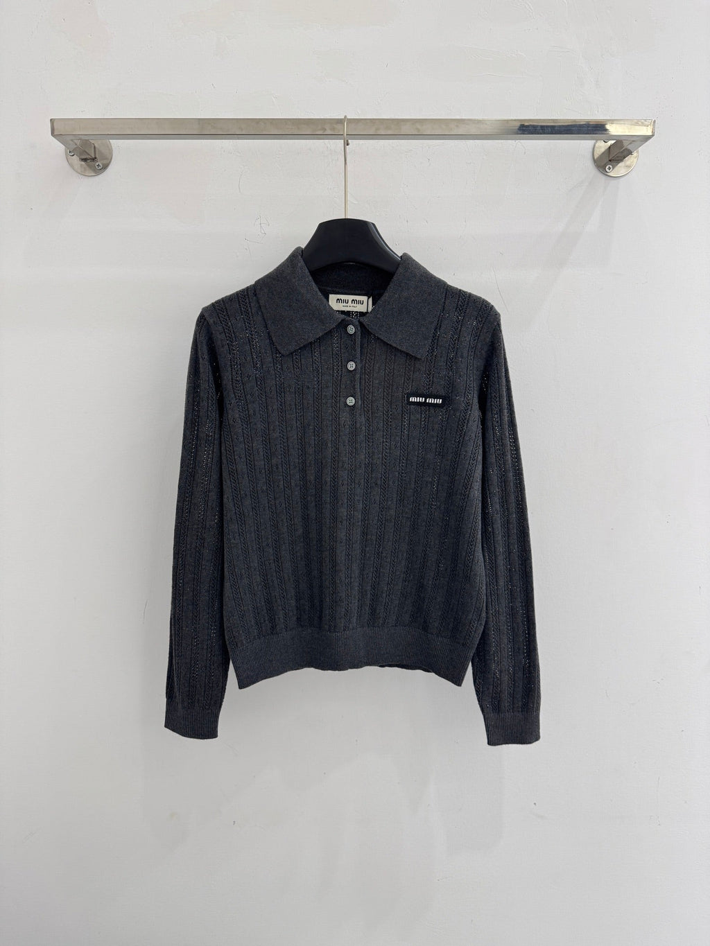 Polo collar knitted openwork long-sleeved top