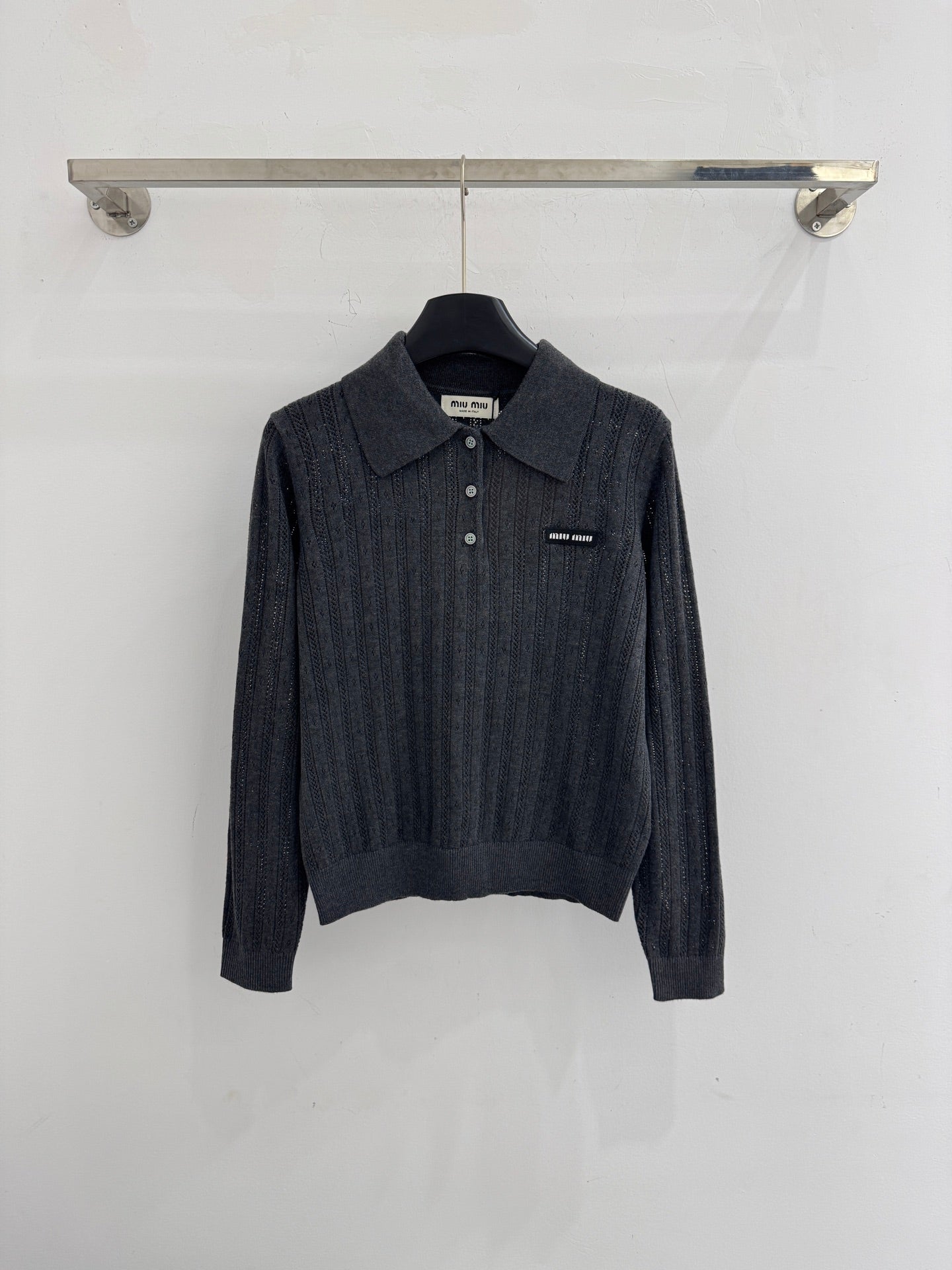 Polo collar knitted openwork long-sleeved top