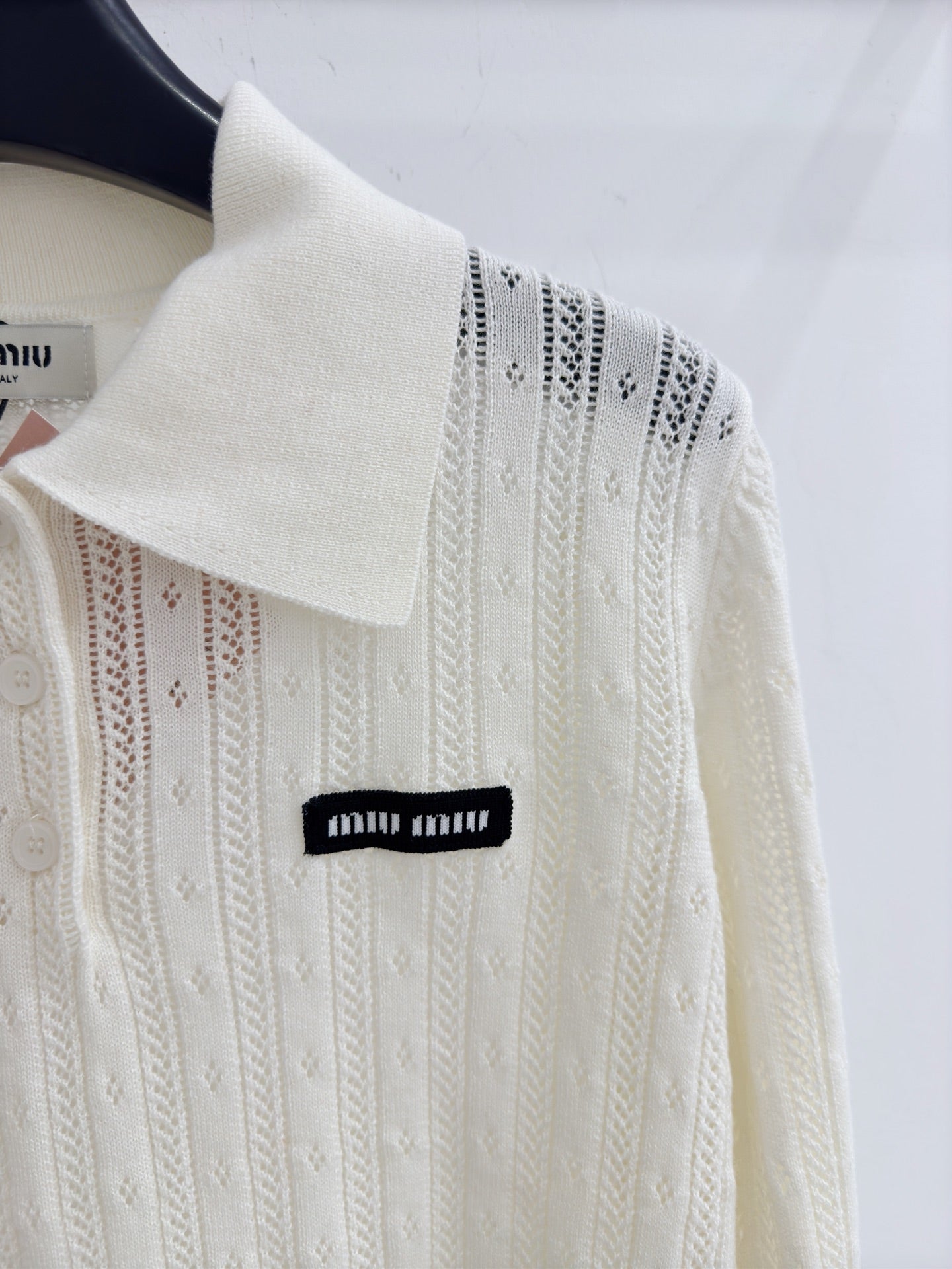 Polo collar knitted openwork long-sleeved top