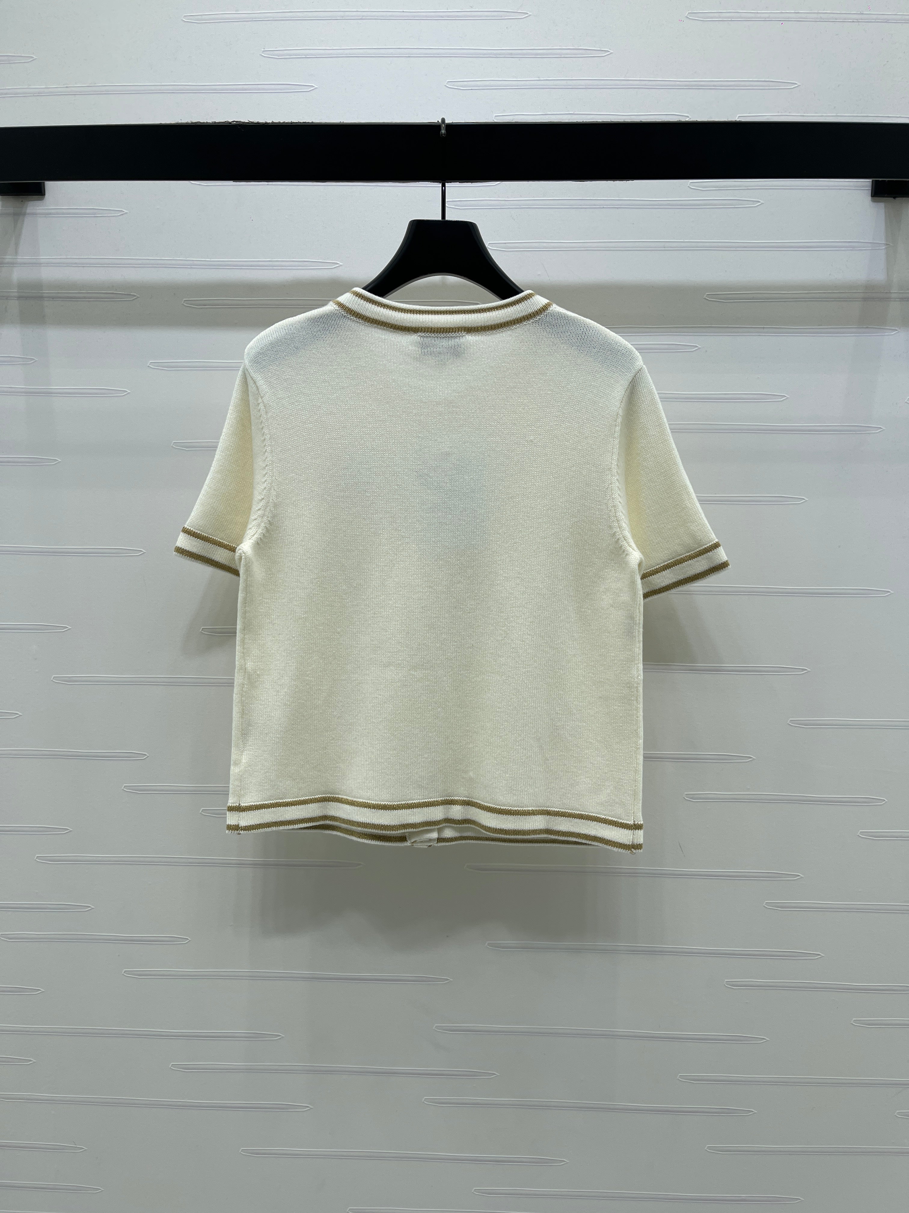 Gold-trimmed Crew Neck Knitted Short-Sleeve Cardigan