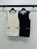 Color-blocked woven round neck knit vest dress