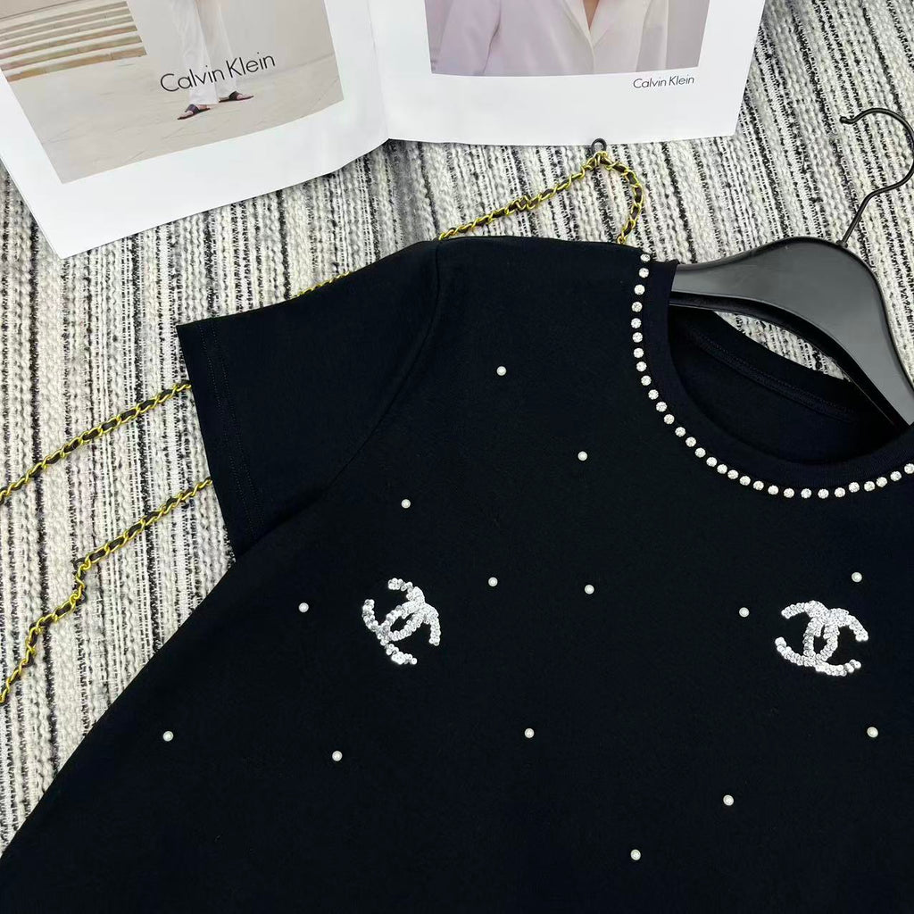 Sequined Beaded Short-Sleeve Crew Neck T-Shirt