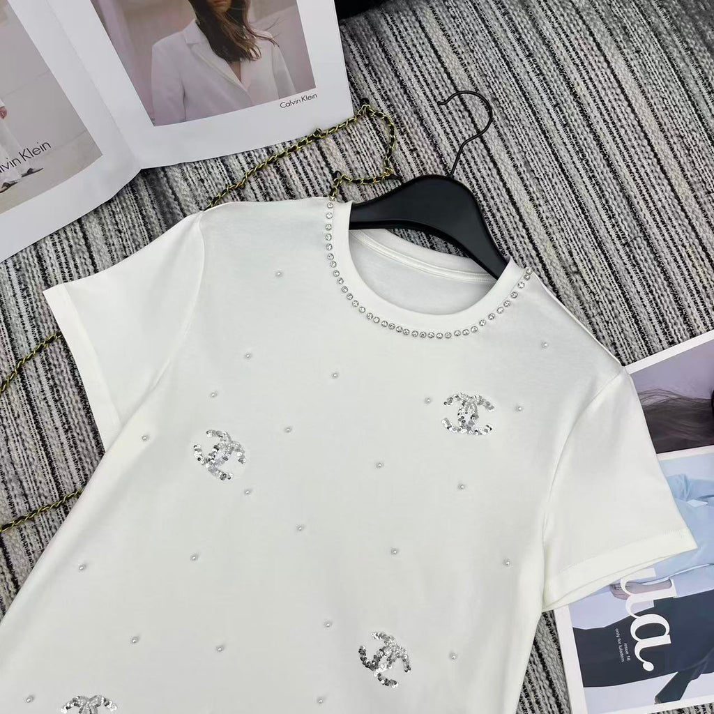 Sequined Beaded Short-Sleeve Crew Neck T-Shirt