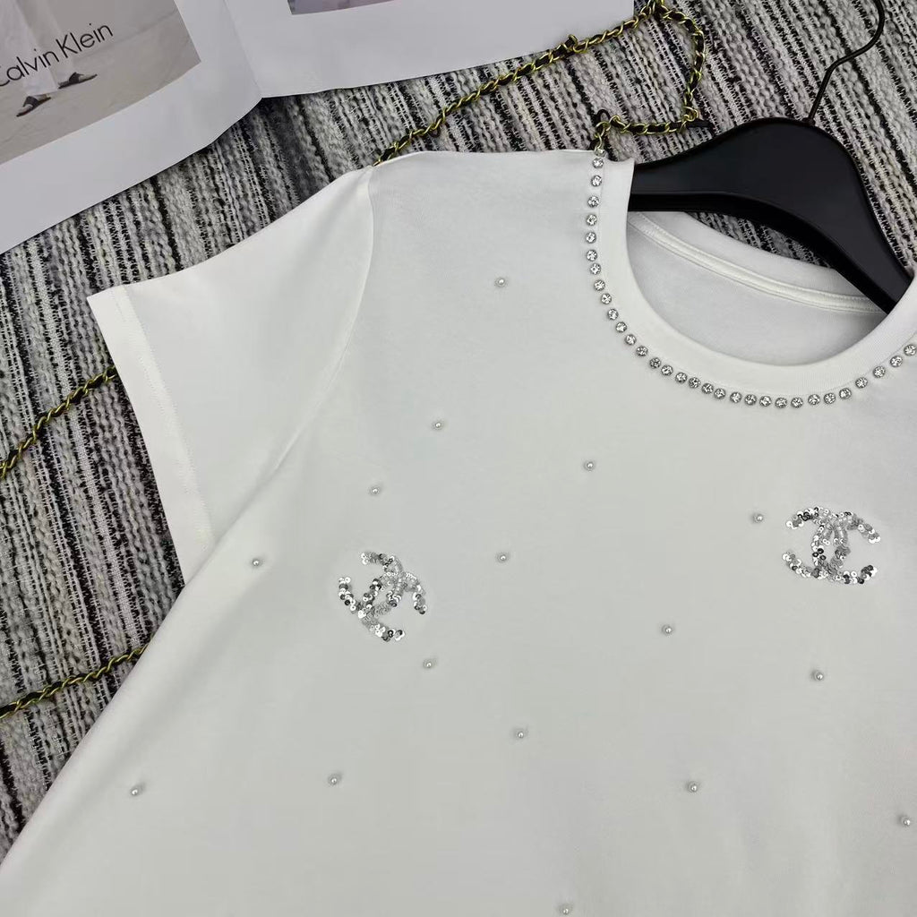Sequined Beaded Short-Sleeve Crew Neck T-Shirt