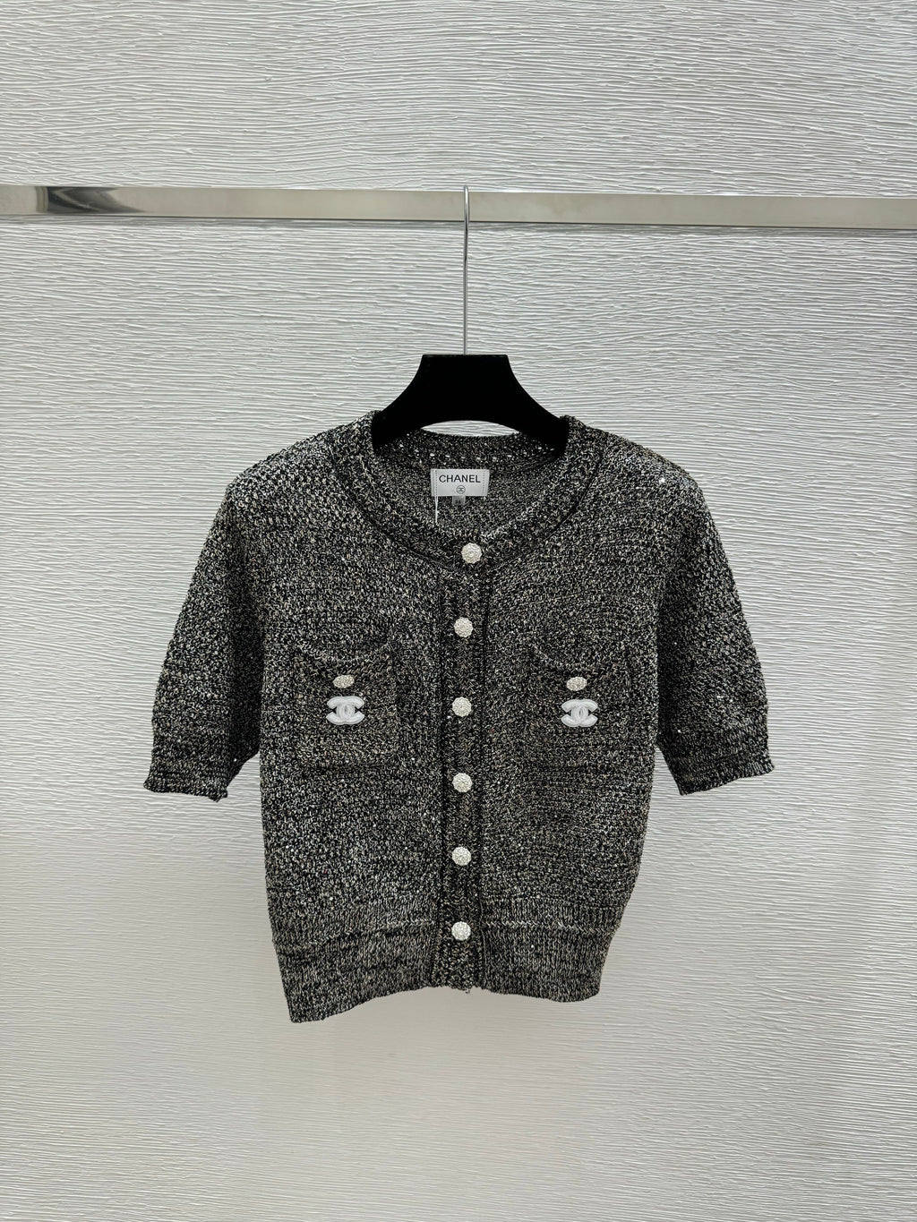 Sequined openwork short-sleeved cardigan