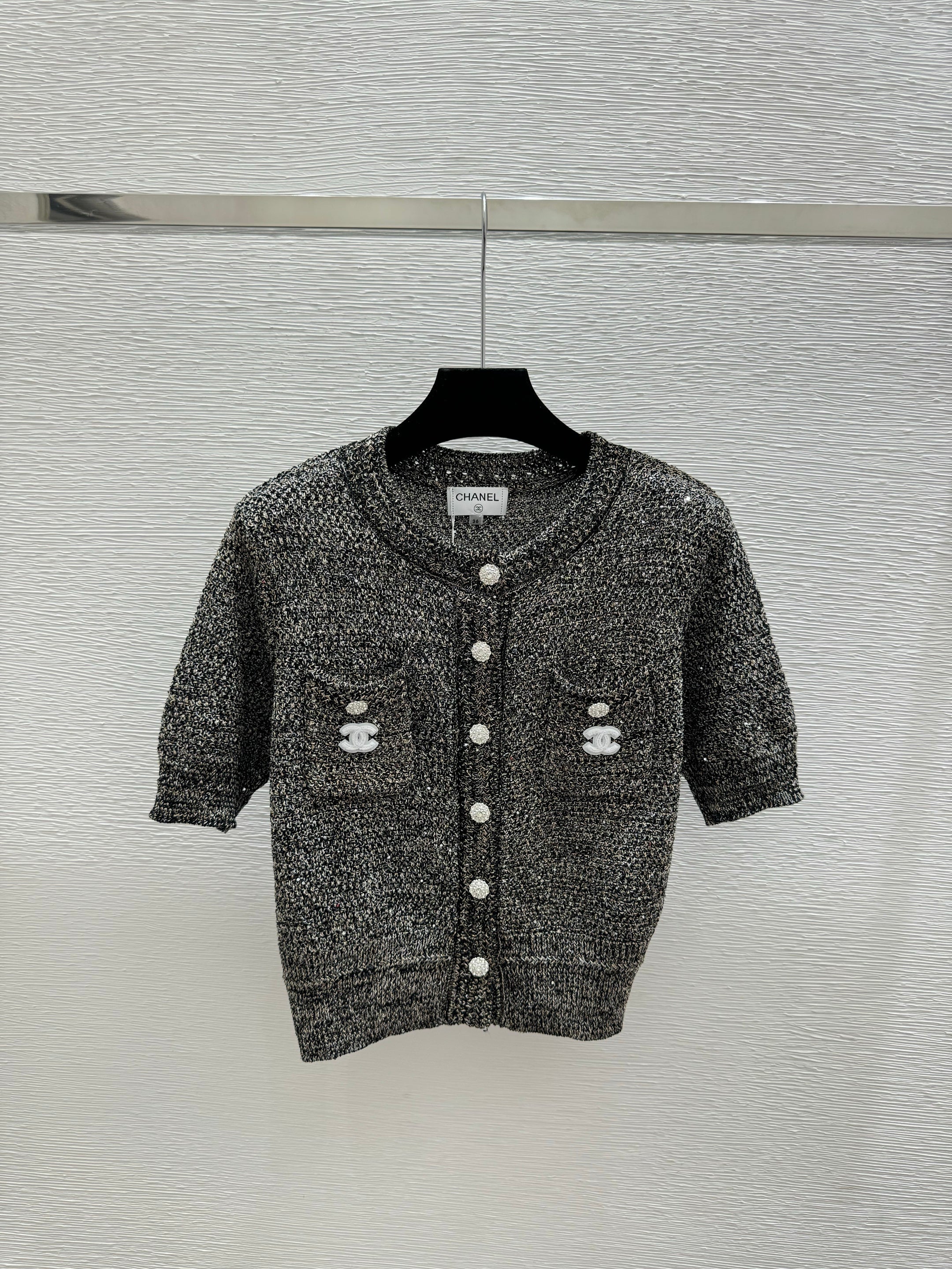 Sequined openwork short-sleeved cardigan