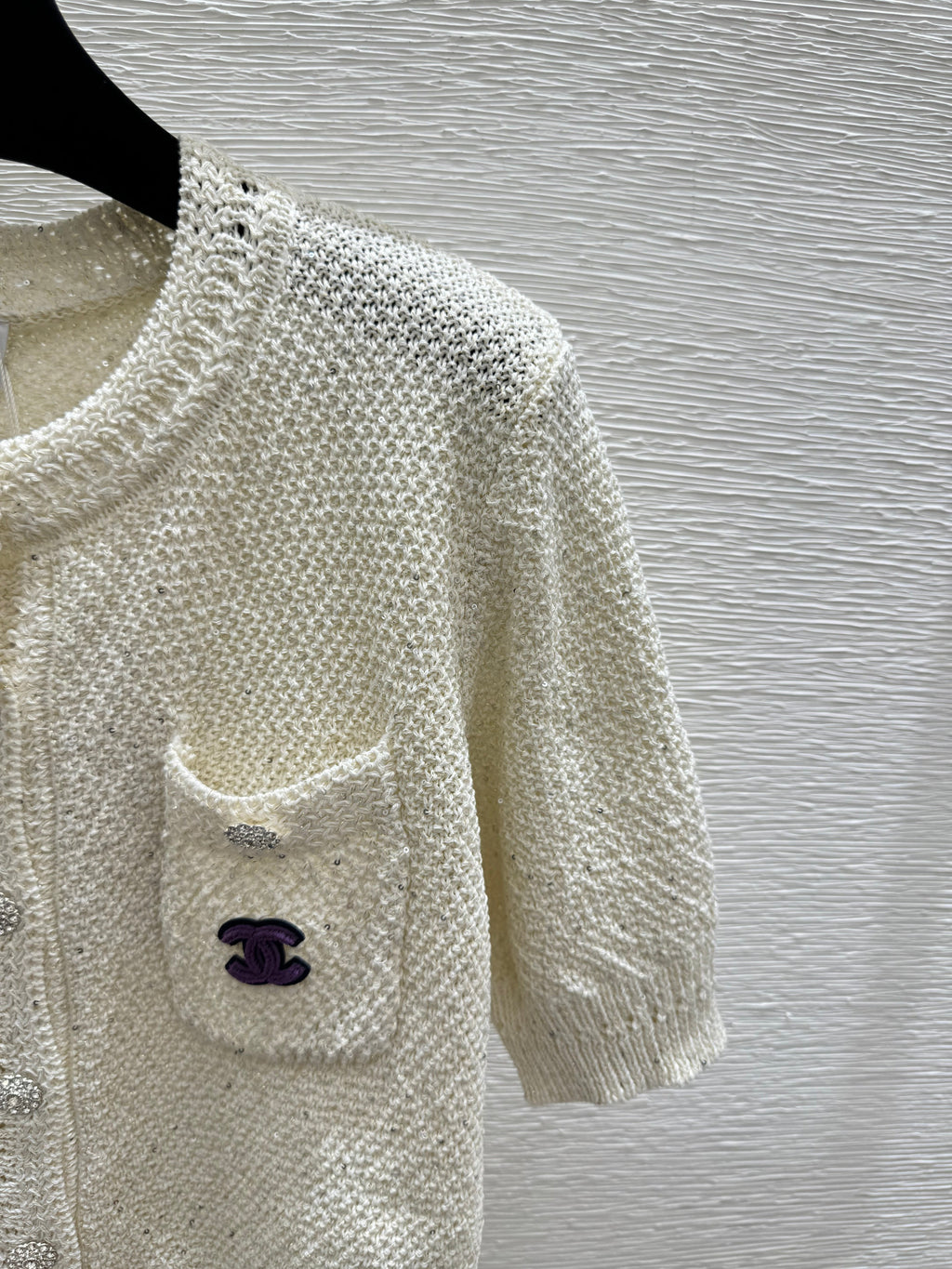 Sequined openwork short-sleeved cardigan