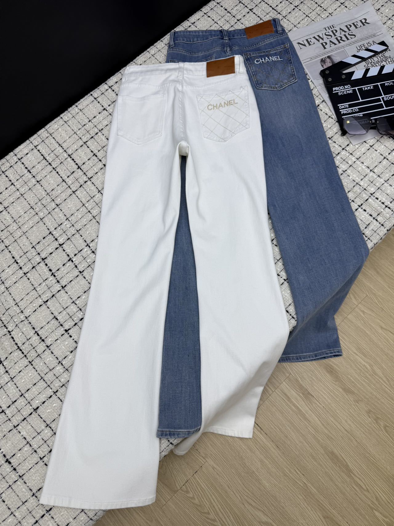 Embroidered mesh flared pants with back pockets