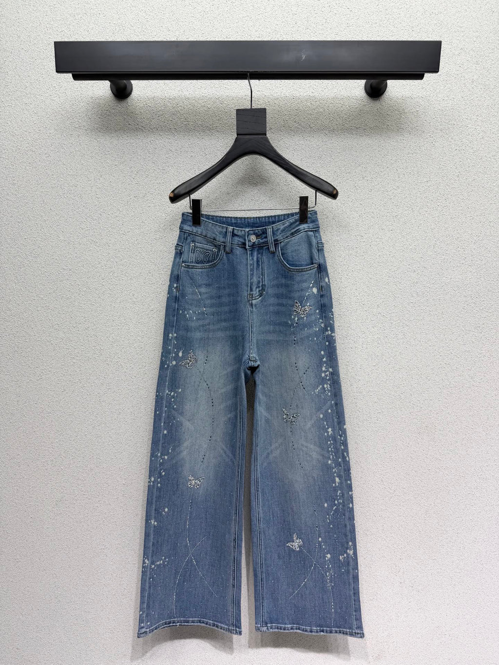 Sequined butterfly rhinestone straight-leg wide-leg jeans