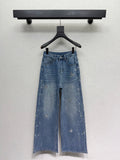 Sequined butterfly rhinestone straight-leg wide-leg jeans