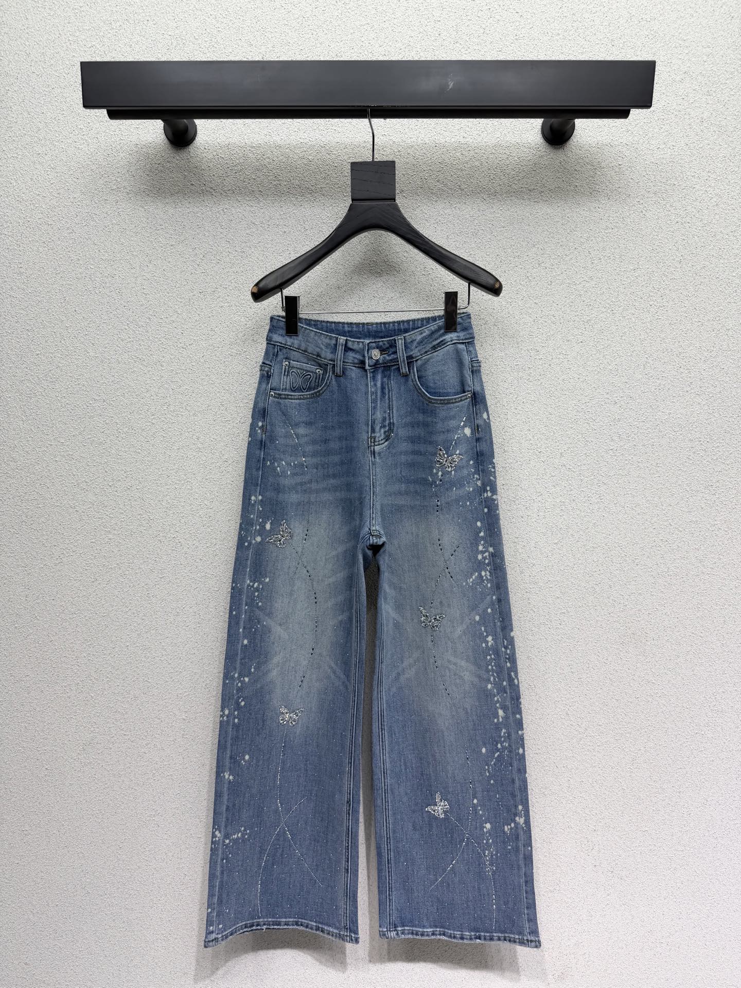 Sequined butterfly rhinestone straight-leg wide-leg jeans