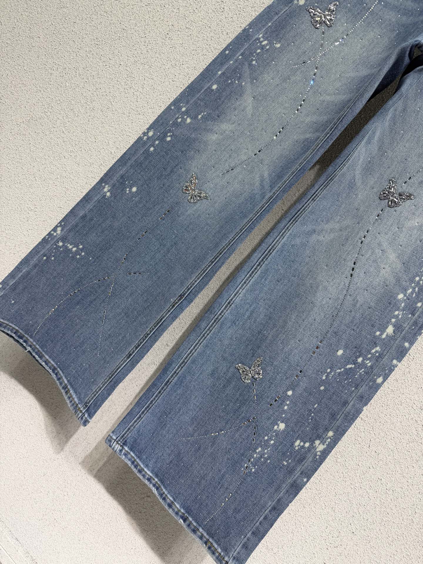 Sequined butterfly rhinestone straight-leg wide-leg jeans