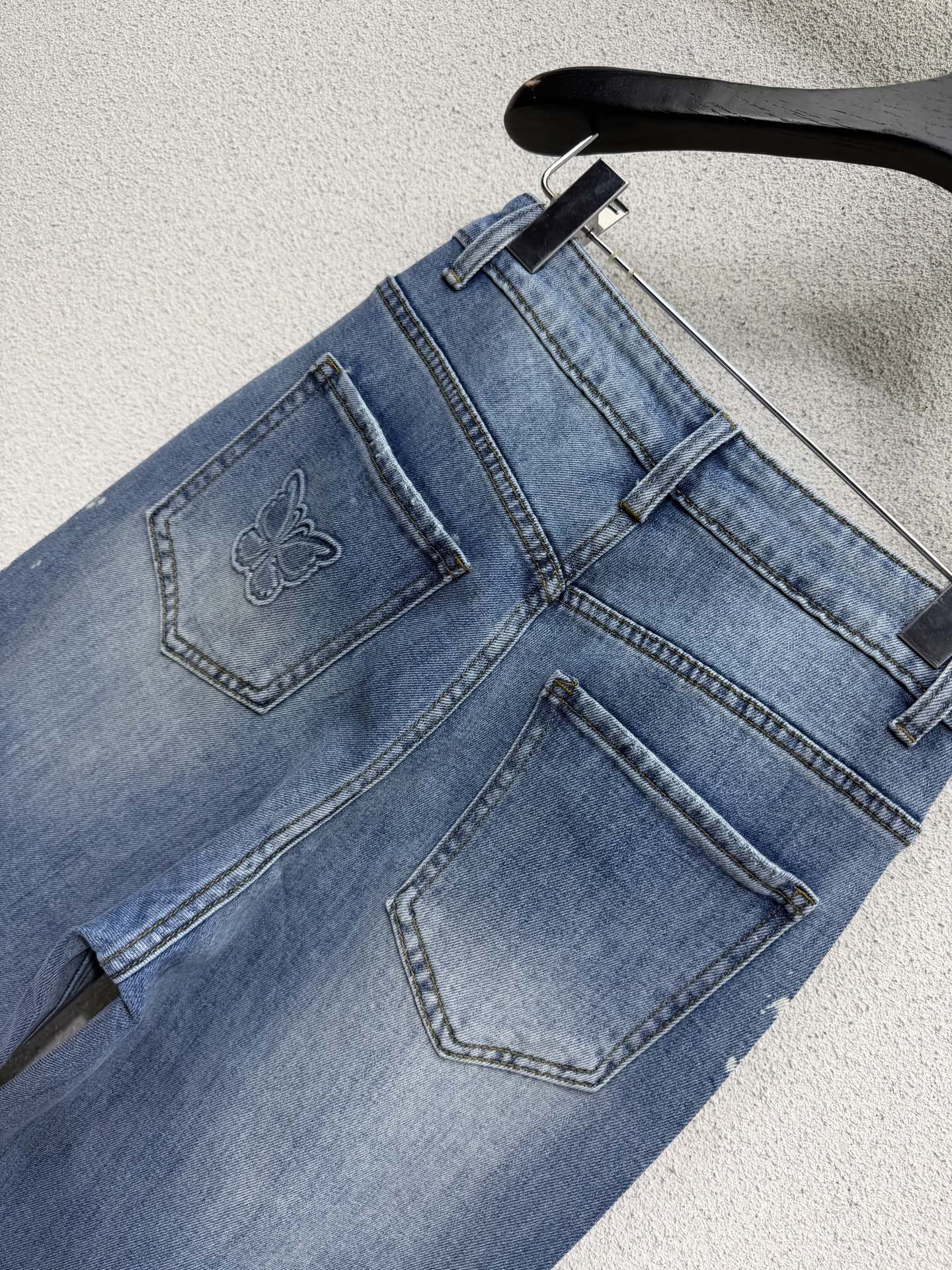 Sequined butterfly rhinestone straight-leg wide-leg jeans