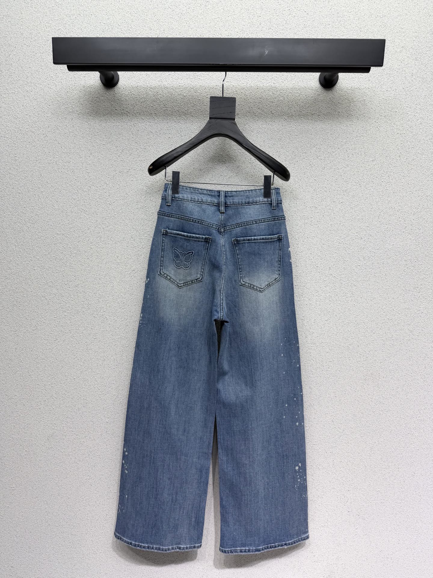 Sequined butterfly rhinestone straight-leg wide-leg jeans