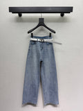 Rhinestone-embellished straight-leg wide-leg jeans with belt