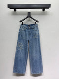 Embroidered logo patch jeans