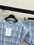 Blue striped denim short-sleeved jacket + shorts