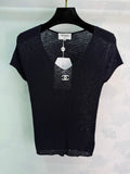 V-neck knit short-sleeved top