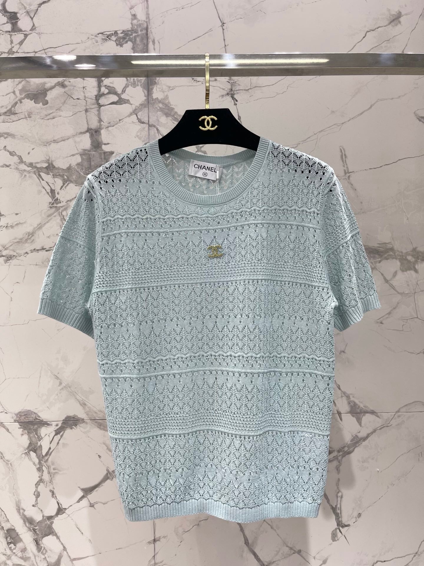 Openwork Knit Crew Neck Short-Sleeve Top