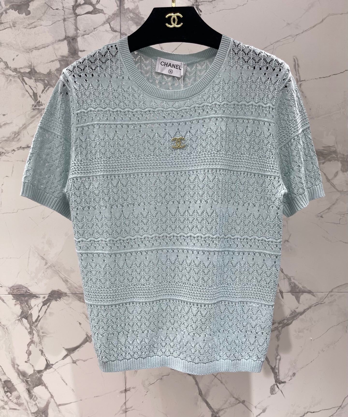 Openwork Knit Crew Neck Short-Sleeve Top