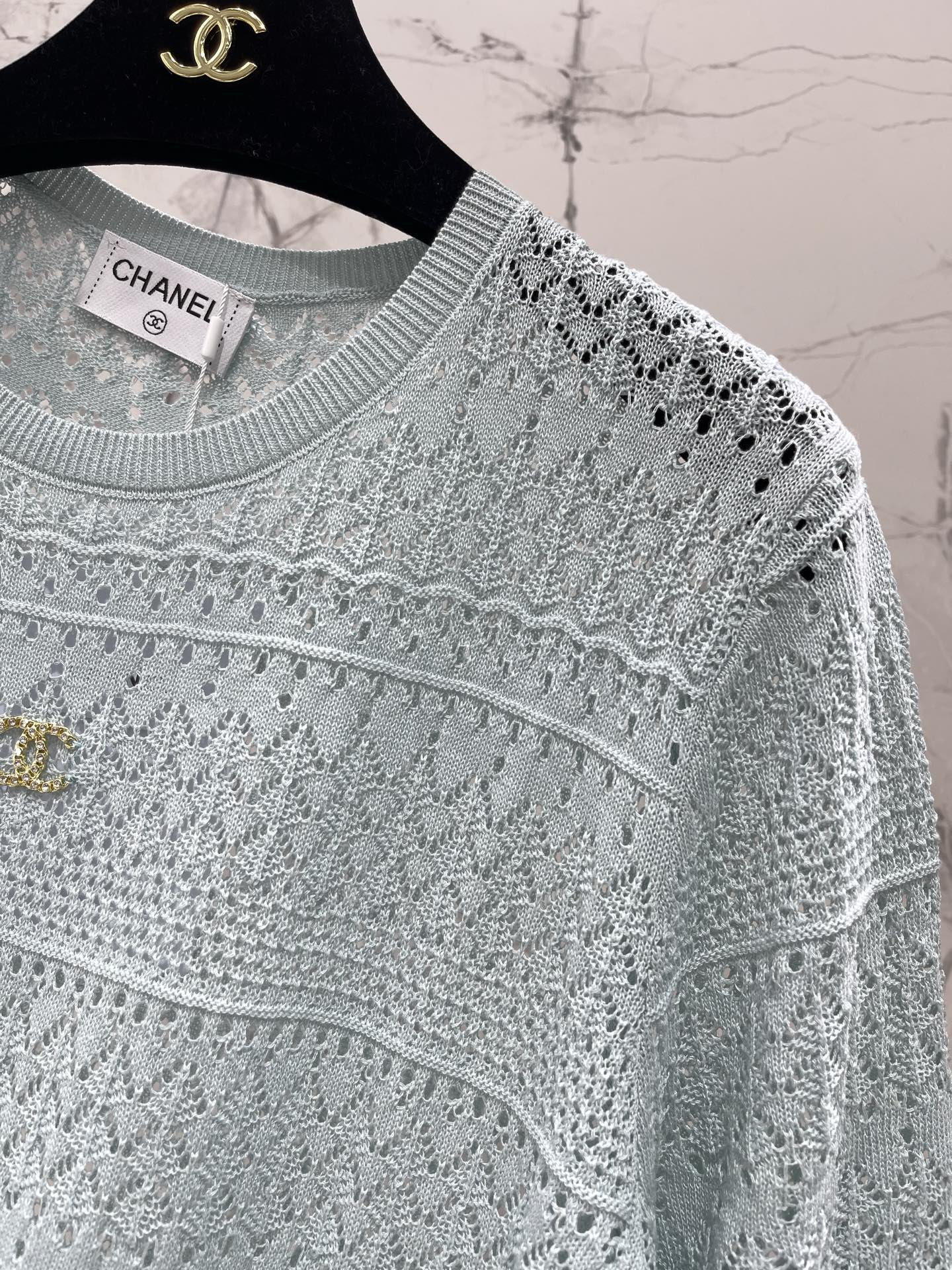 Openwork Knit Crew Neck Short-Sleeve Top