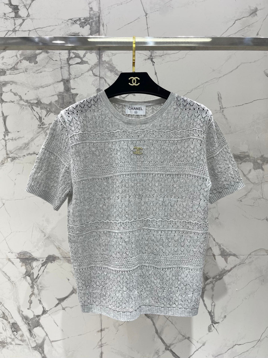 Openwork Knit Crew Neck Short-Sleeve Top