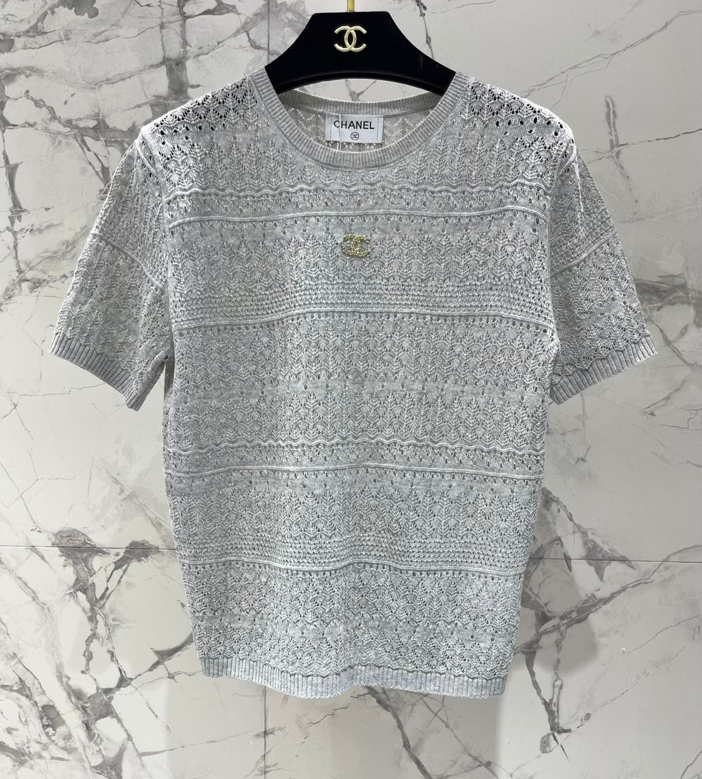 Openwork Knit Crew Neck Short-Sleeve Top