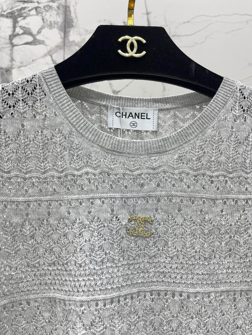 Openwork Knit Crew Neck Short-Sleeve Top