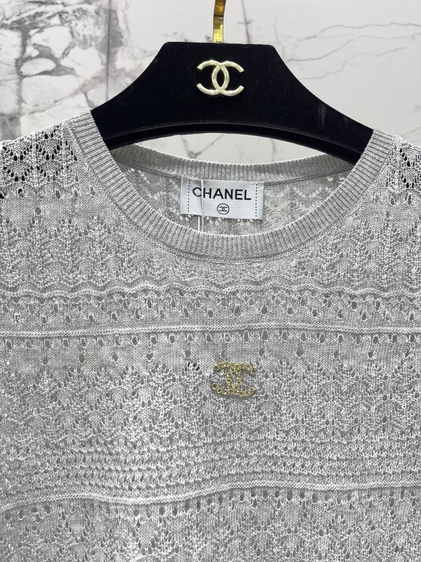 Openwork Knit Crew Neck Short-Sleeve Top