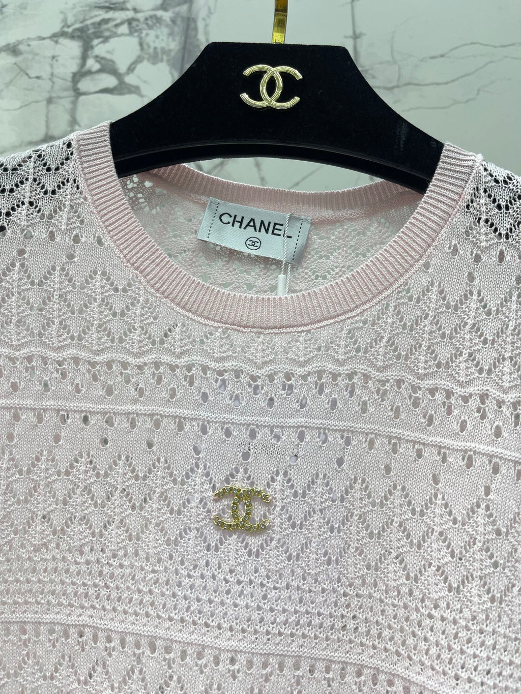 Openwork Knit Crew Neck Short-Sleeve Top