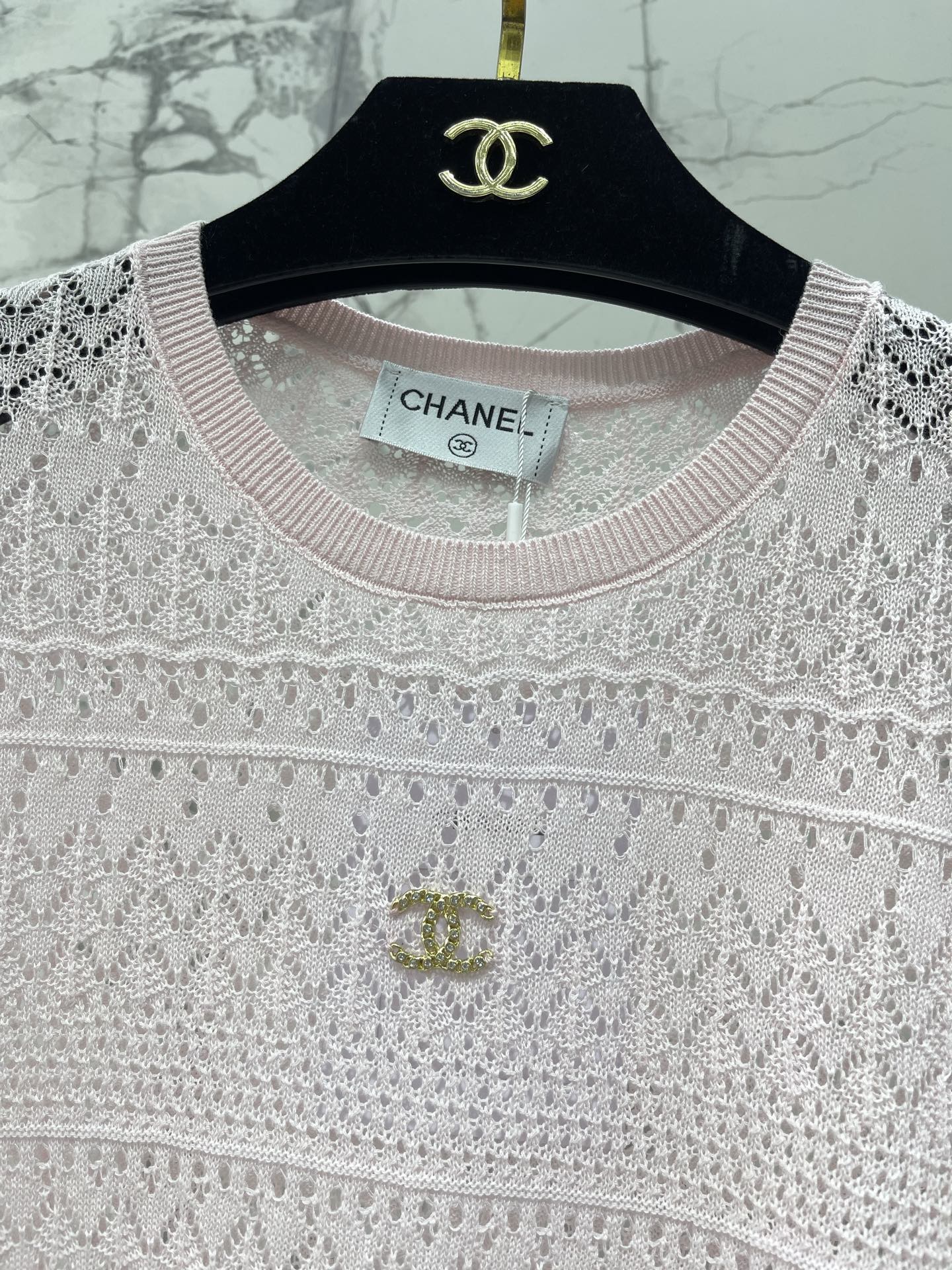 Openwork Knit Crew Neck Short-Sleeve Top
