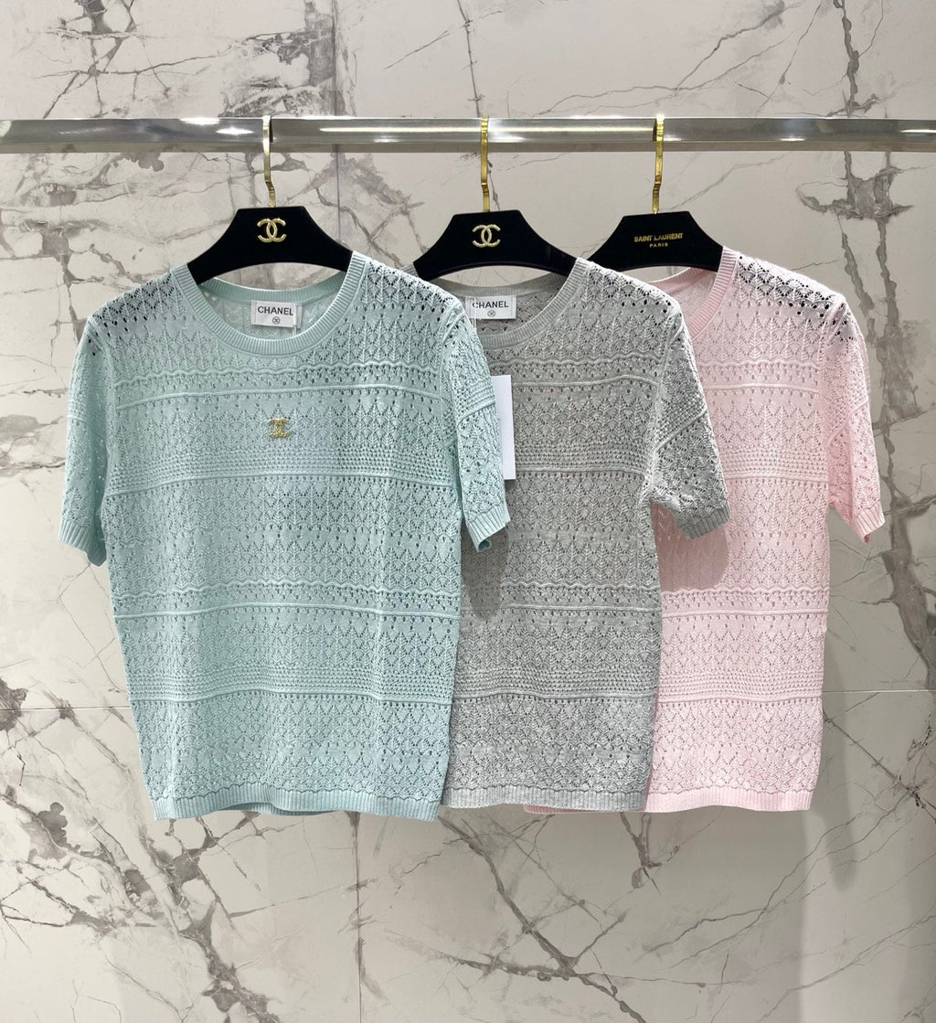 Openwork Knit Crew Neck Short-Sleeve Top